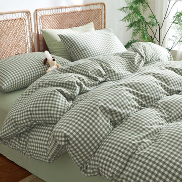 Cotton Gingham Duvet Cover Set Green Plaid Bedding