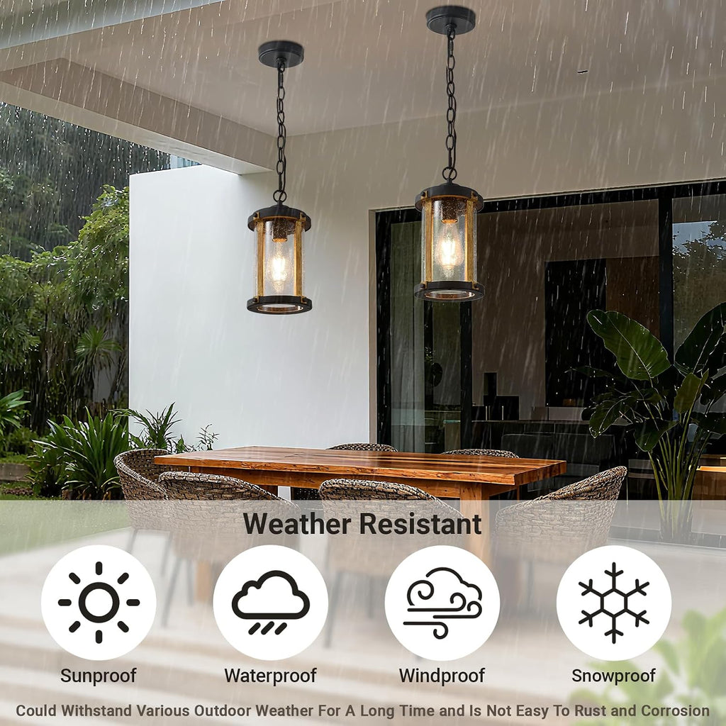 Outdoor Pendant Light for Porch, Black Farmhouse Wood Grain Finish Outdoor Chandelier with Clear Seeded Glass
