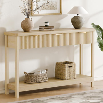 Fluted Console Table, 51 Inch Entryway Table with 3 Drawers | Scandi farmhouse look with quiet full-extension slides
