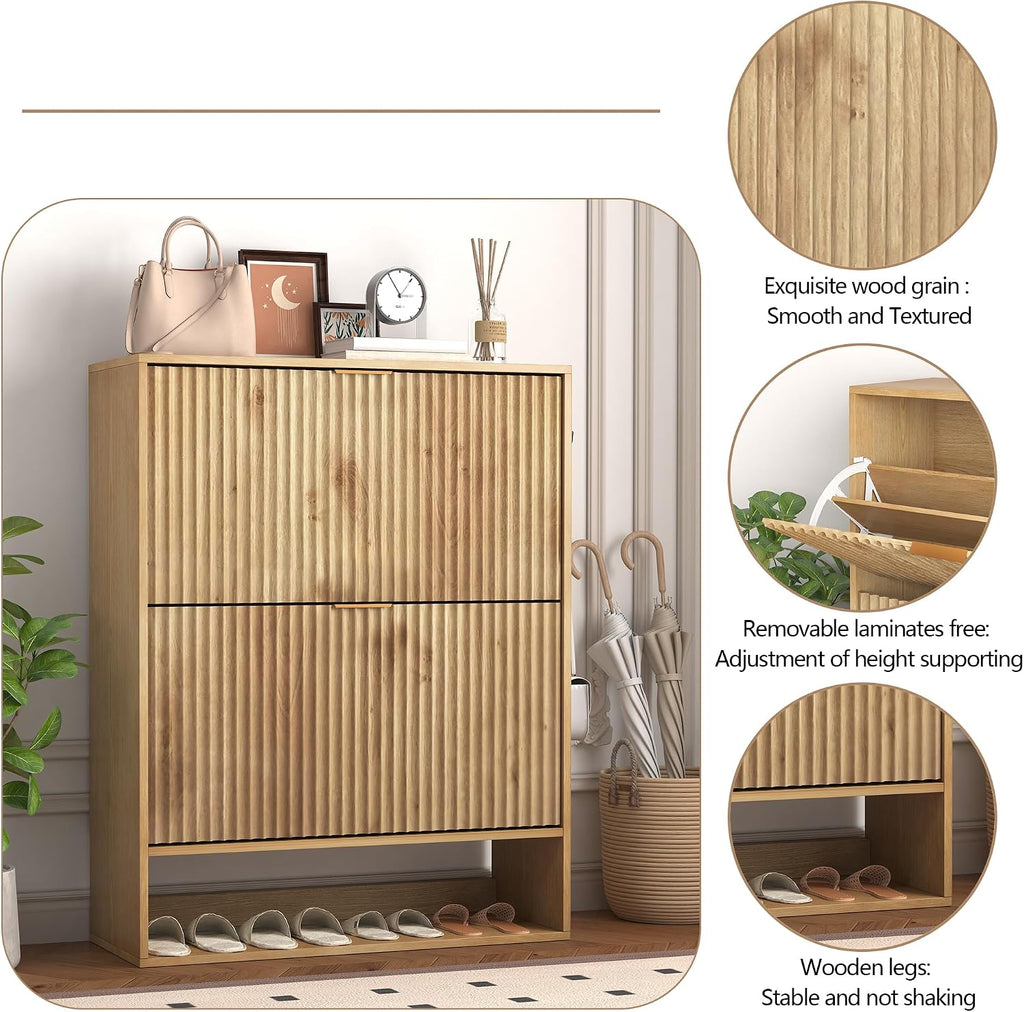 Shoe Cabinet , Narrow Freestanding Shoe Cabinet Storage with 2 Flip Drawers, Open Bottom Shelf & Side Hooks, Slim