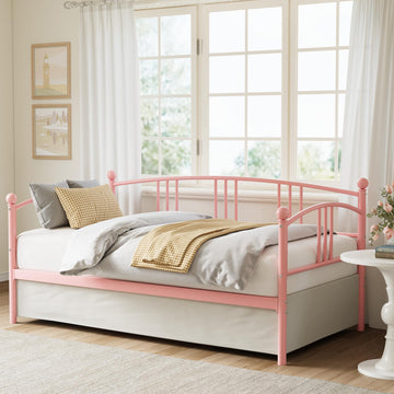 Twin Daybed Without Trundle, Metal Twin Size Daybed, Steel Slat Support Sofa Bed, Guest Room (Pink-Without Trundle)