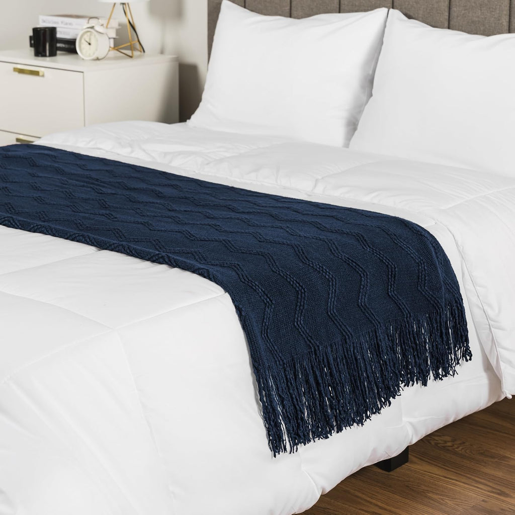 Navy Blue Knit Throw Blanket, Soft Knitted Farmhouse Sofa Throw, Lightweight Decorative Summer Throw Blanket for