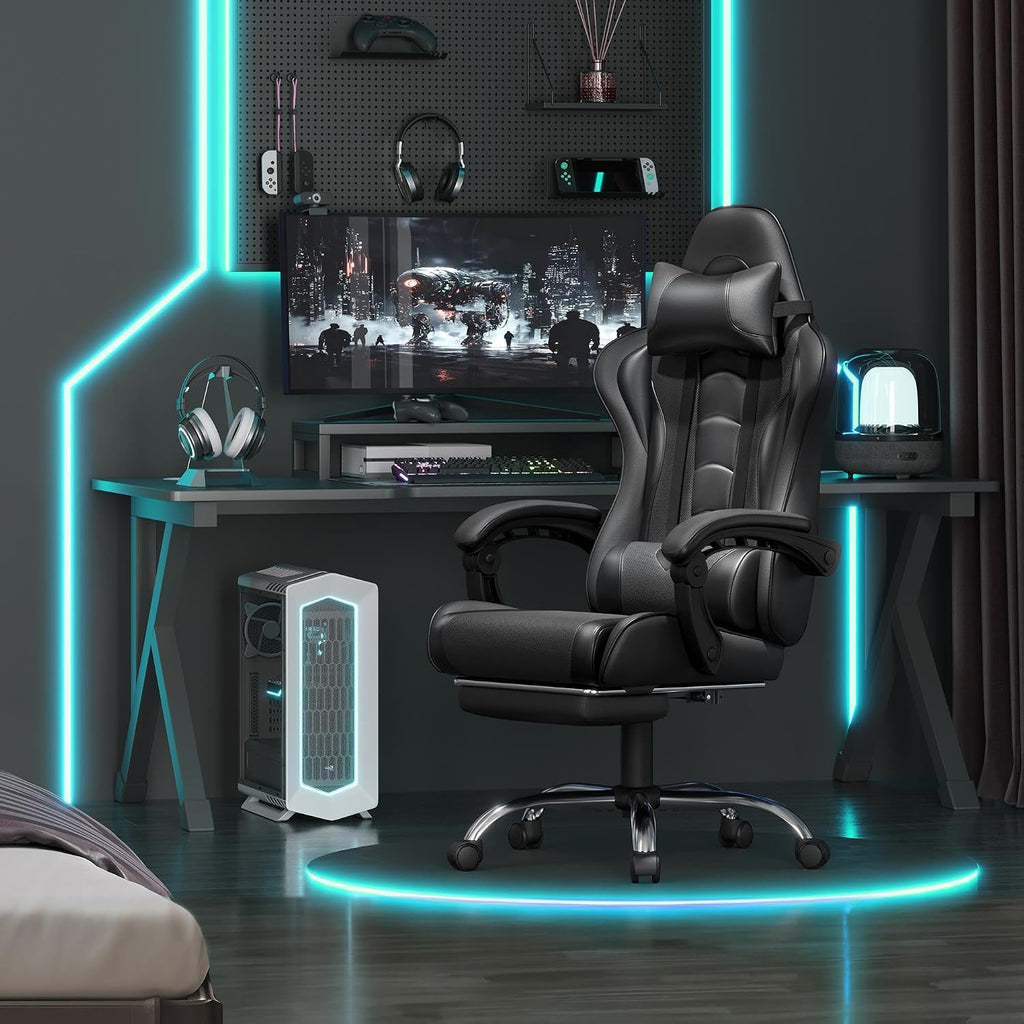 Gaming Chair with Footrest Massage Lumbar Pillow Reclining Black