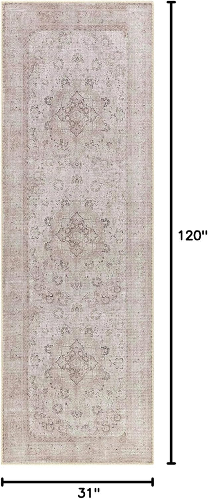 Washable Pink Medallion 10ft Runner Rug Traditional Beige Olive Tan Blush Dark Green Bordered Bethan