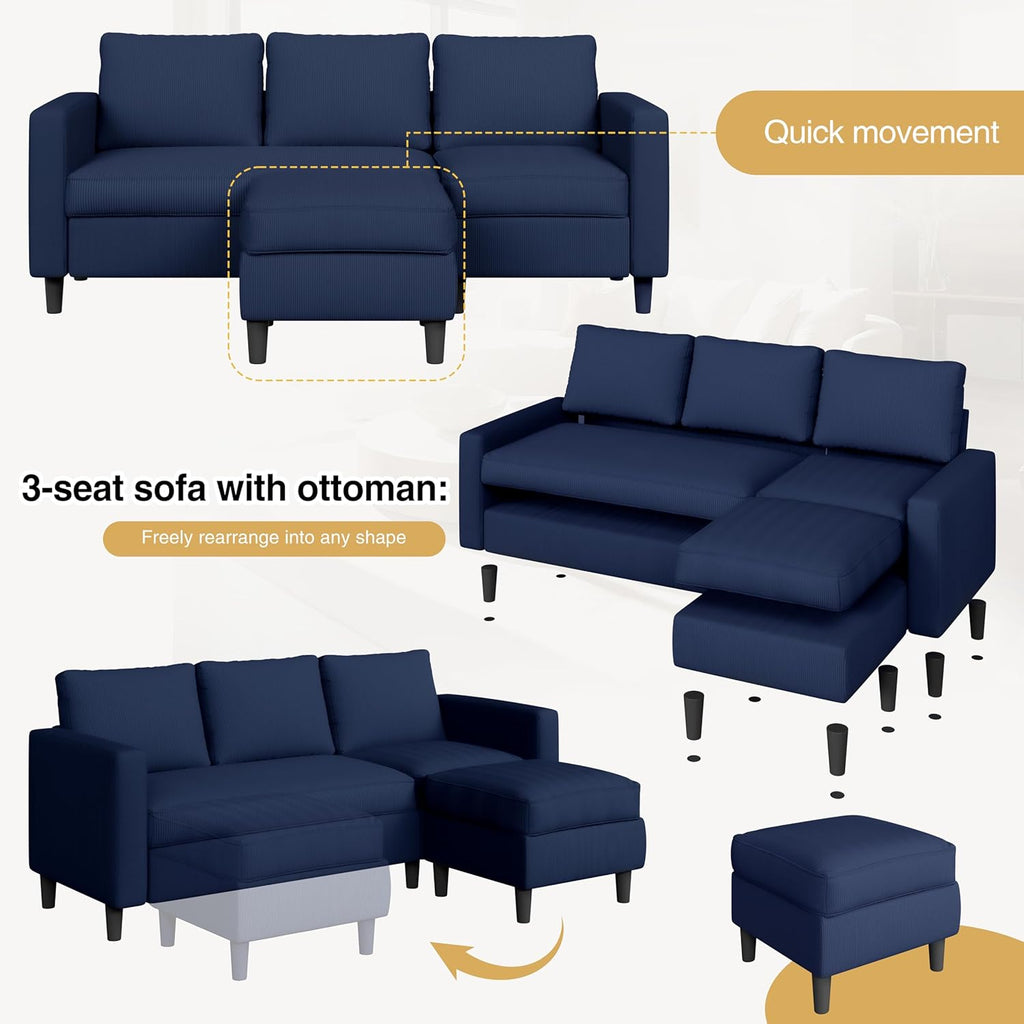 3-Seat Convertible L-Shaped Sectional Sofa with Reversible Ottoman
