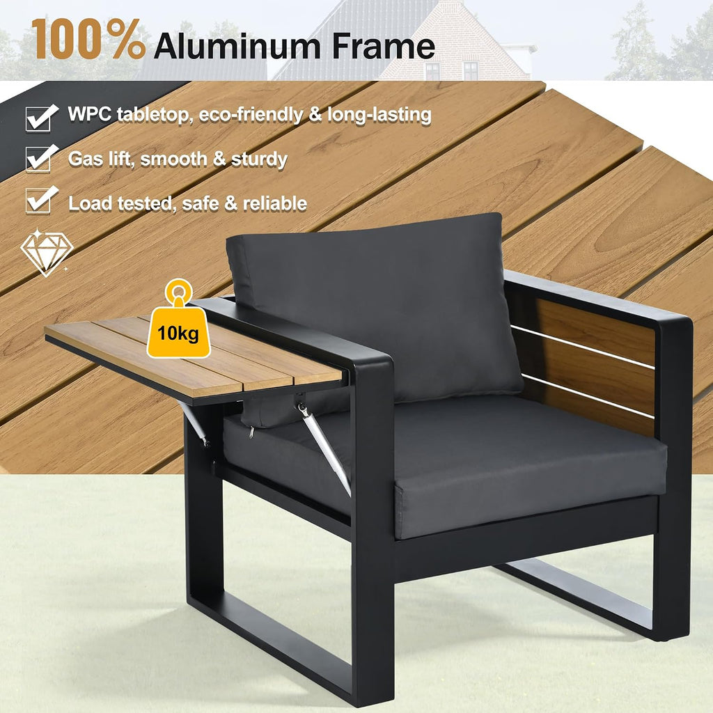 Large 4-Piece Outdoor Patio Furniture Set for 5 Person, 3-Seater Sofa, 2 Armchairs with Fold-Out Side Tables