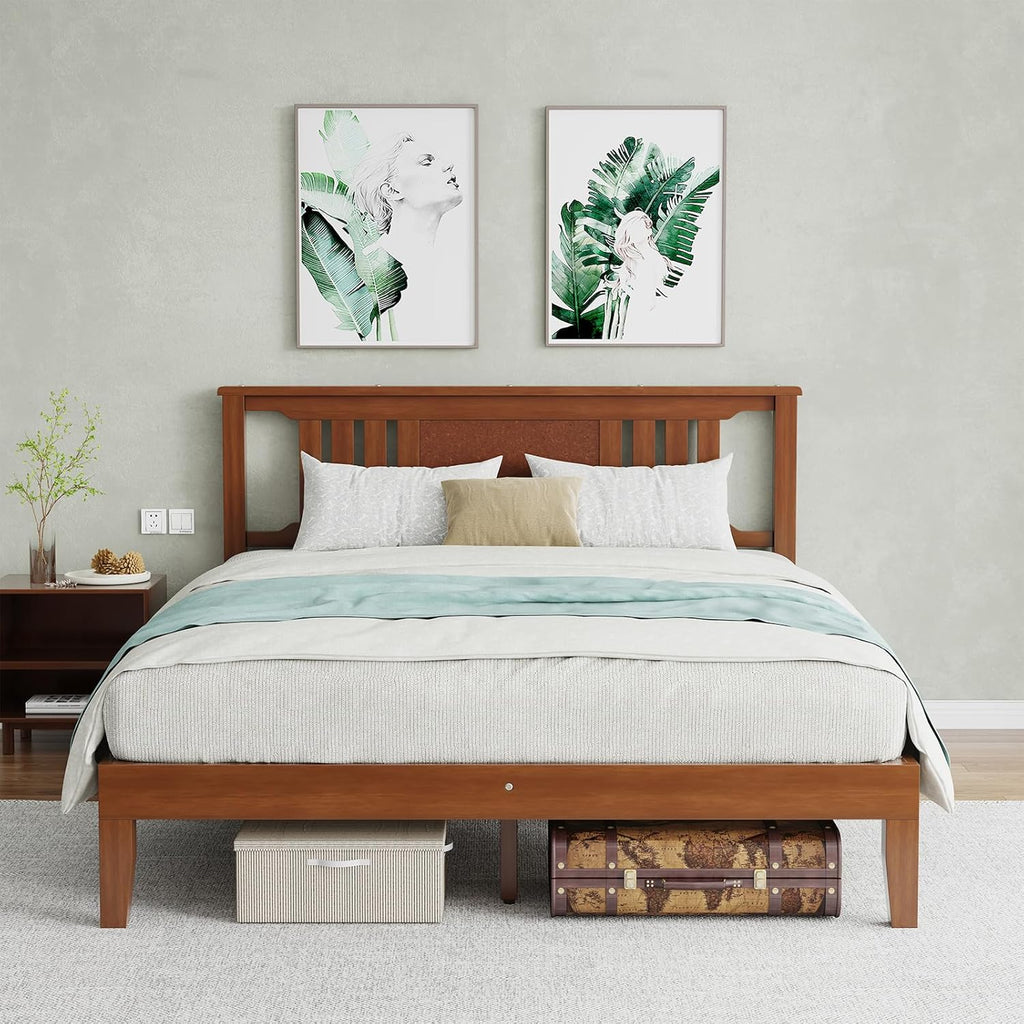 Solid Wood Bed Frame, Queen Platform Bed Frame with Headboard, Sturdy Wood Slat Support, Heavy Duty, No Box Spring