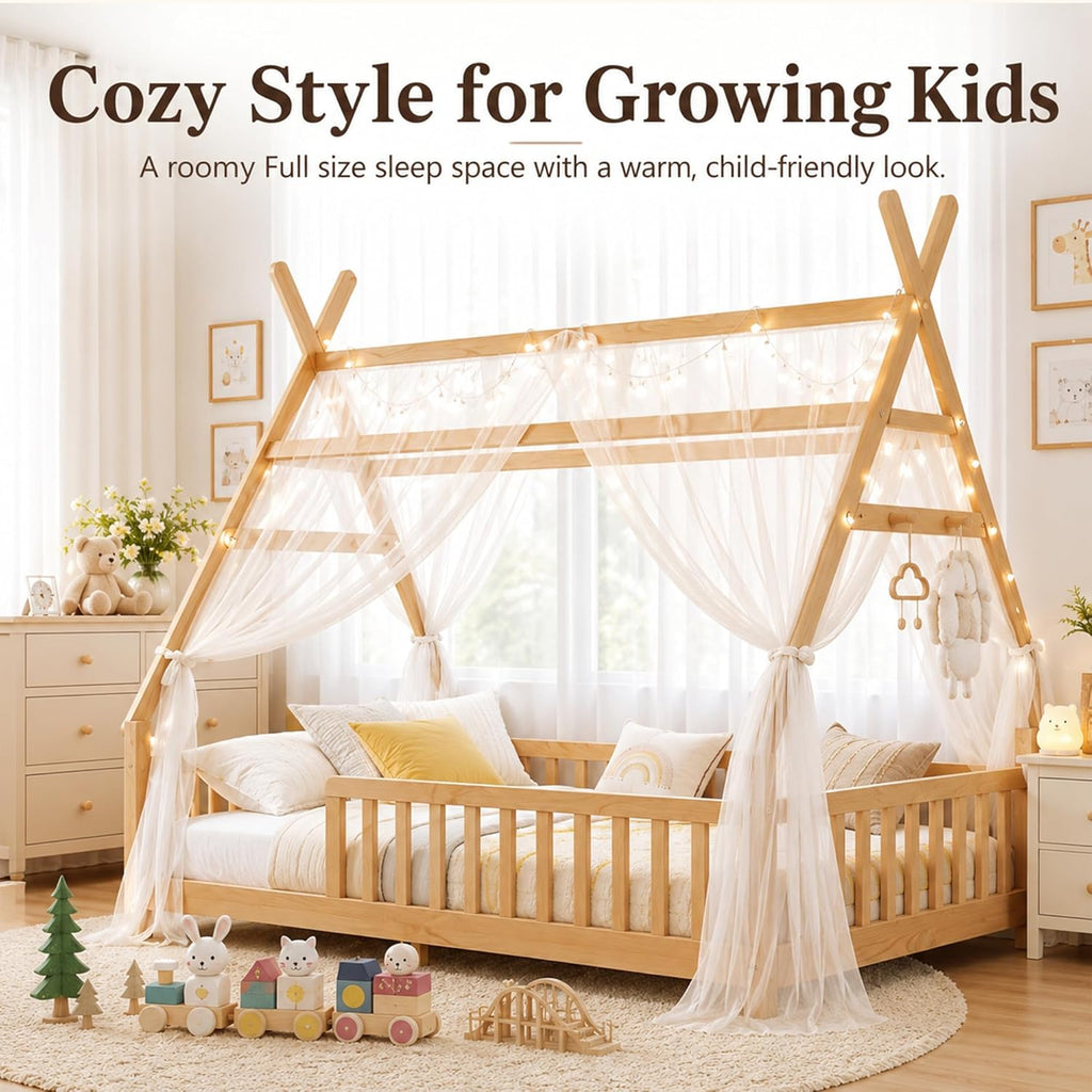 Full Size Montessori Floor Bed with Guardrails and LED Light, Tent-Shaped Full House Bed for Kids, Wood Full Bed