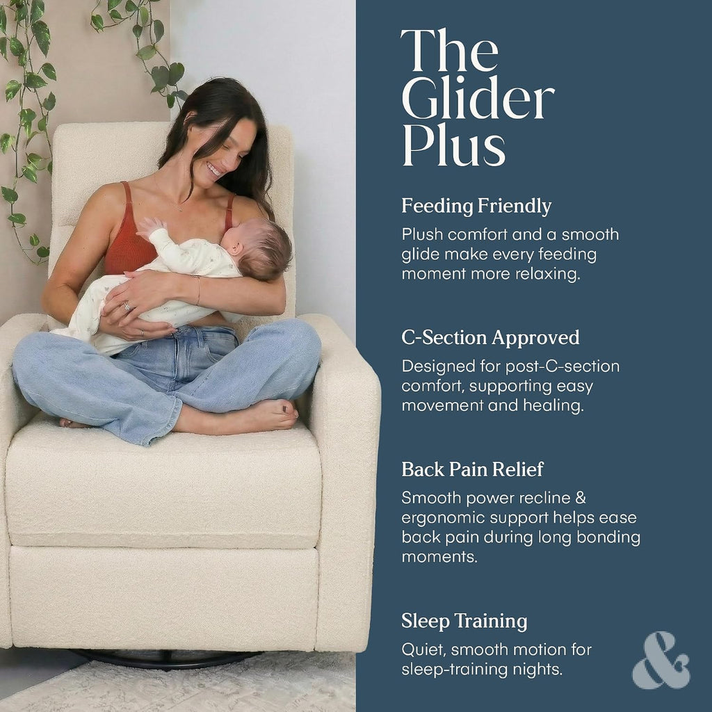 The Glider Plus - Premium Nursery Power Recliner | Swivel Chair with Adjustable Head Support | Adjustable Lumbar