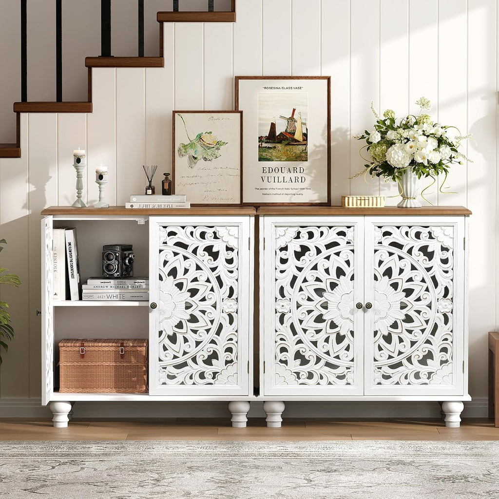 31" Accent Storage Cabinet with Carved Doors,Mandala White | Carved Floral Design, Solid Wood Legs, Boho/Farmhouse