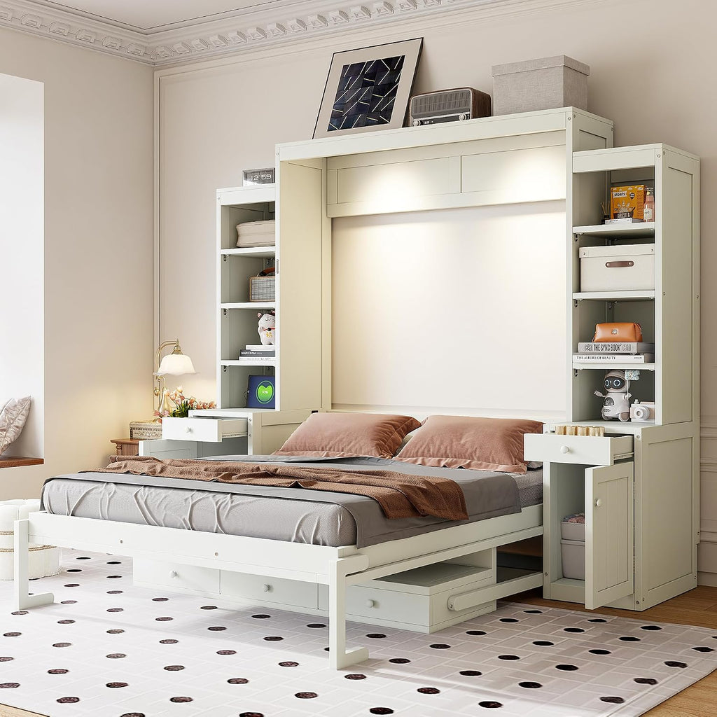 Queen Murphy Bed with Desk and Lights, Power Outlet, Foldable Murphy Cabinet Bed with Open Storage Shelves & Drawers