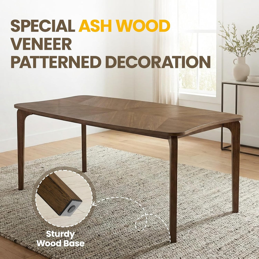 Modern Curved Edge Dining Table, 63" Solid Wood Kitchen Table with Herringbone Pattern Mid-Century Rectangular Dinner