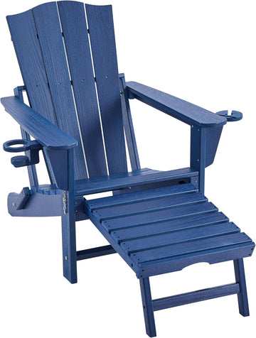 Adirondack Chairs 1pcs Outdoor Folding Set with Ottoman,Navy Blue | All-weather patio fire pit seating with