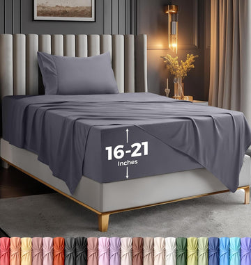 Extra Deep Pocket Queen Sheet Set - 4PCs Fits Up to 21 Inches - Grey - Set of 4