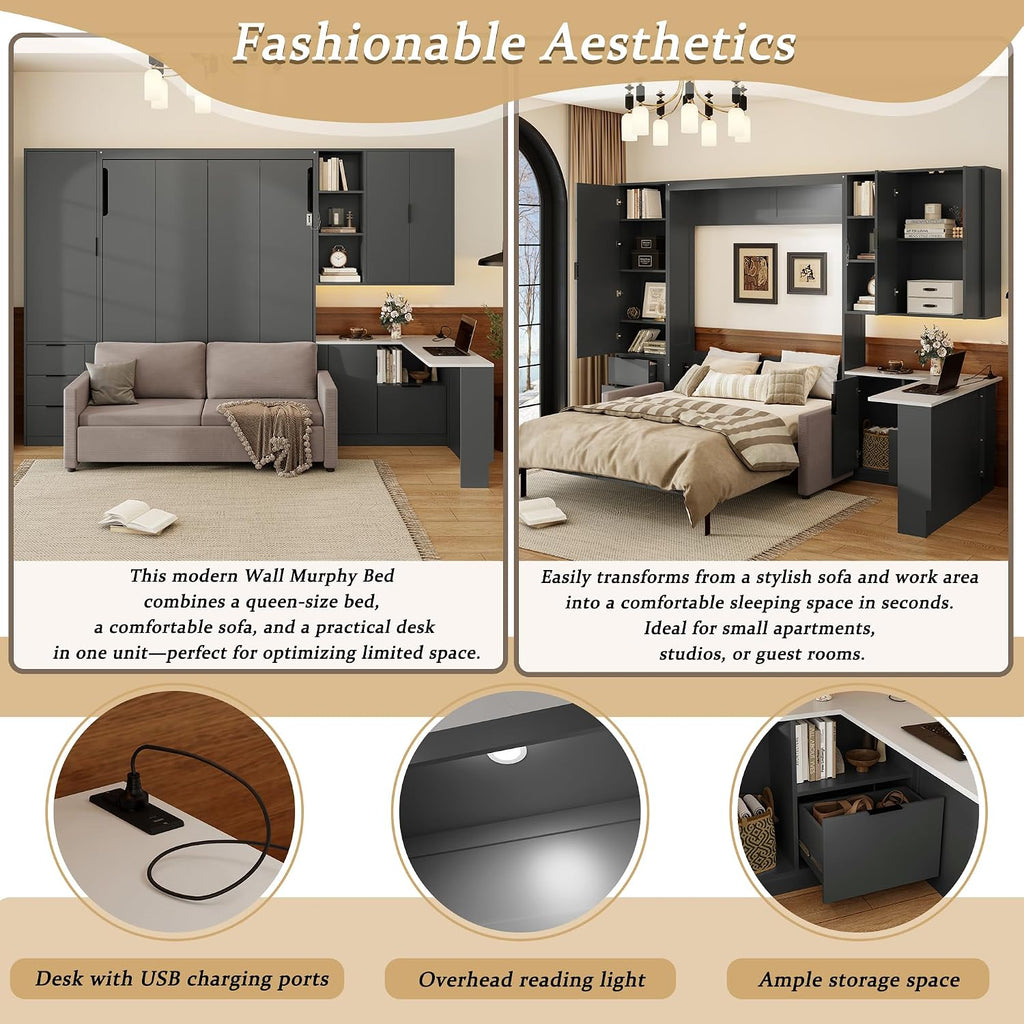 Queen Wall Murphy Bed with Upholstered Sofa & Desk, Solid Wood Foldable Platform Bed Frame with LED/USB Charging
