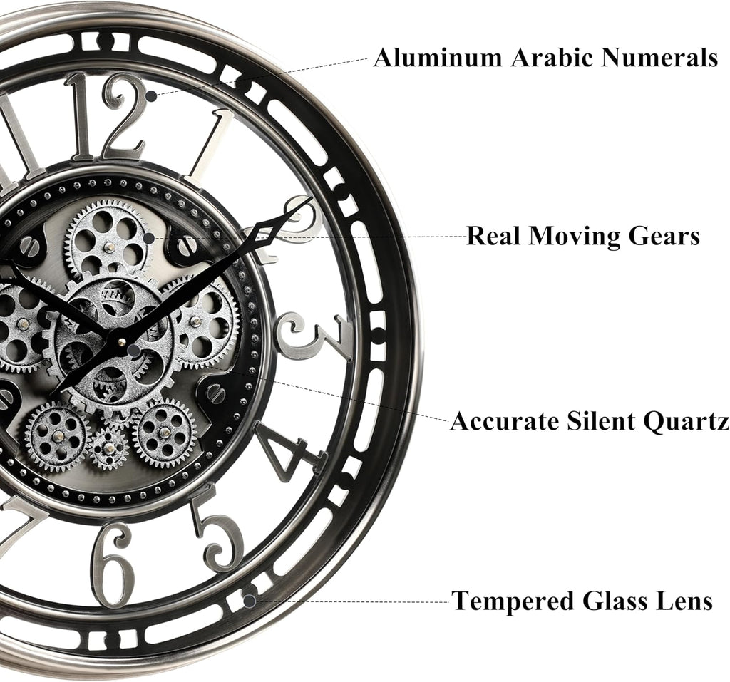 Inch Large Moving Gear Wall Clock,Industrial Steampunk Decor,Decorative Wall Clock for Modern Farmhouse Living Room Decor,Gunmetal...