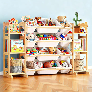 Toy Storage Organizer with 6 Shelves and 12 Bins, Toy Organizers and Storage Shelf with Bookshelf and Bookcase, Toys