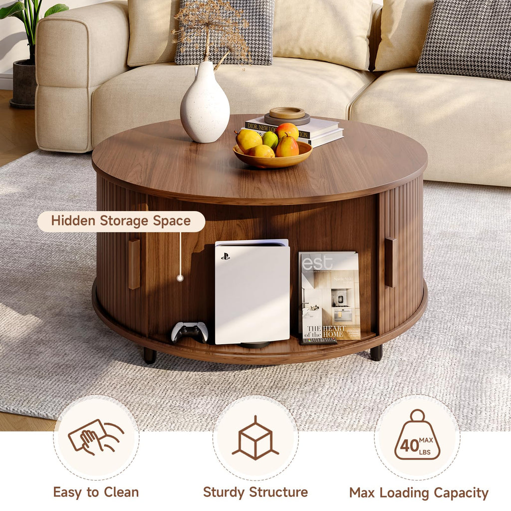31.5" Round Coffee Table w/Storage Adjustable Footpad Walnut