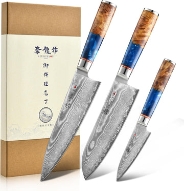 Japanese Chef Knife Set 3 Pcs, 67-Layer Damascus Kitchen Knife Set with VG10 Steel Core, Professional Sharp Damascus