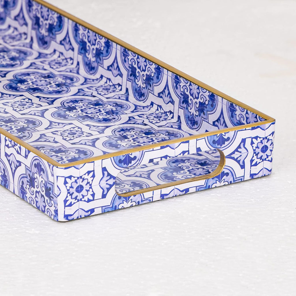 Blue Decorative Tray, Plastic Serving Tray with Handles, Rectangular Moroccan Trays, Long Narrow Trays Counter, 13.8"