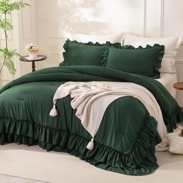 Dark Green Ruffle Comforter Set Farmhouse Bedding 3 Pcs