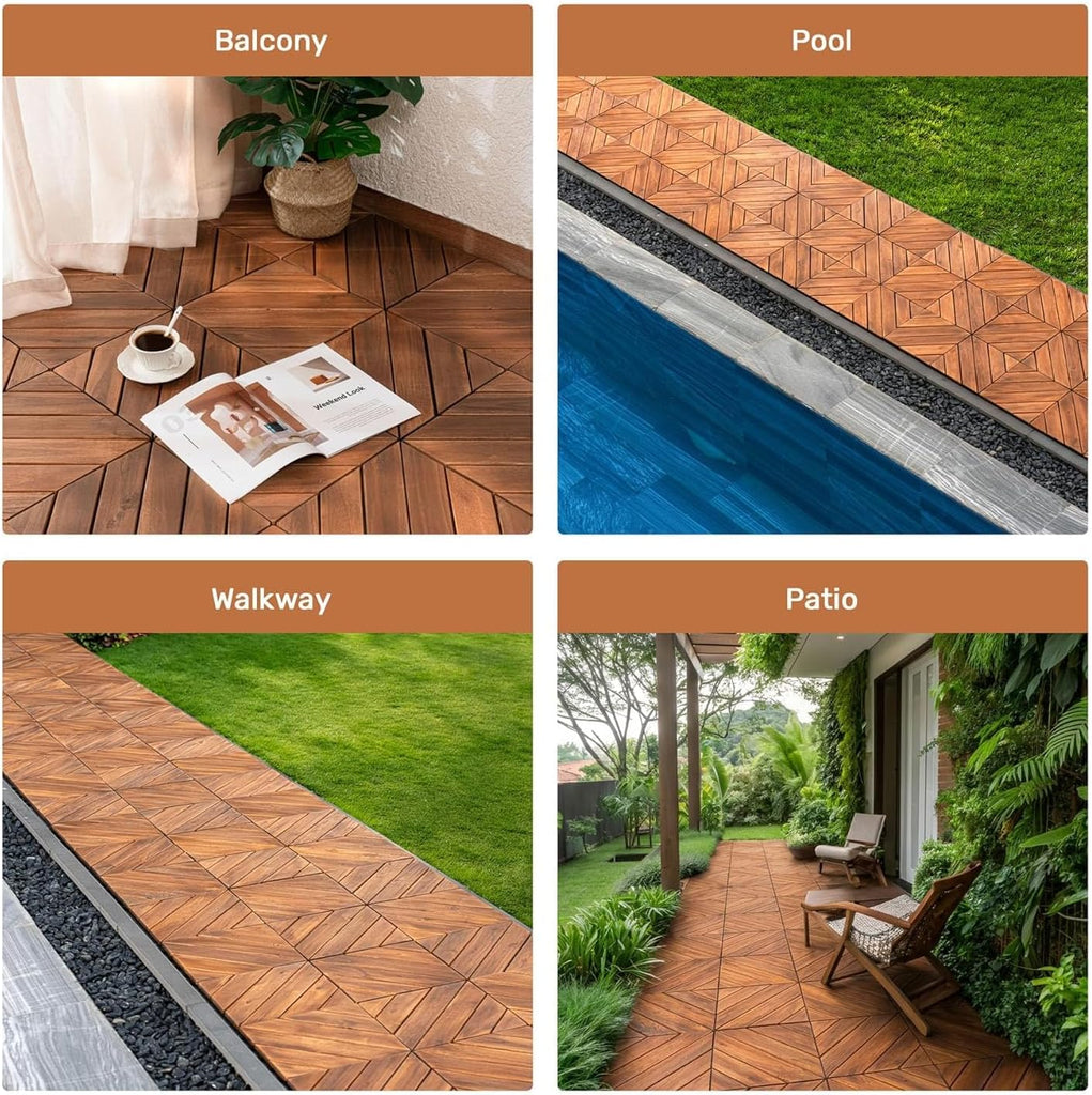 10 PCS Interlocking Deck Tiles, 12" x 12" Acacia Wood Patio Tiles with Diagonal Pattern, Weather-Resistant Snap
