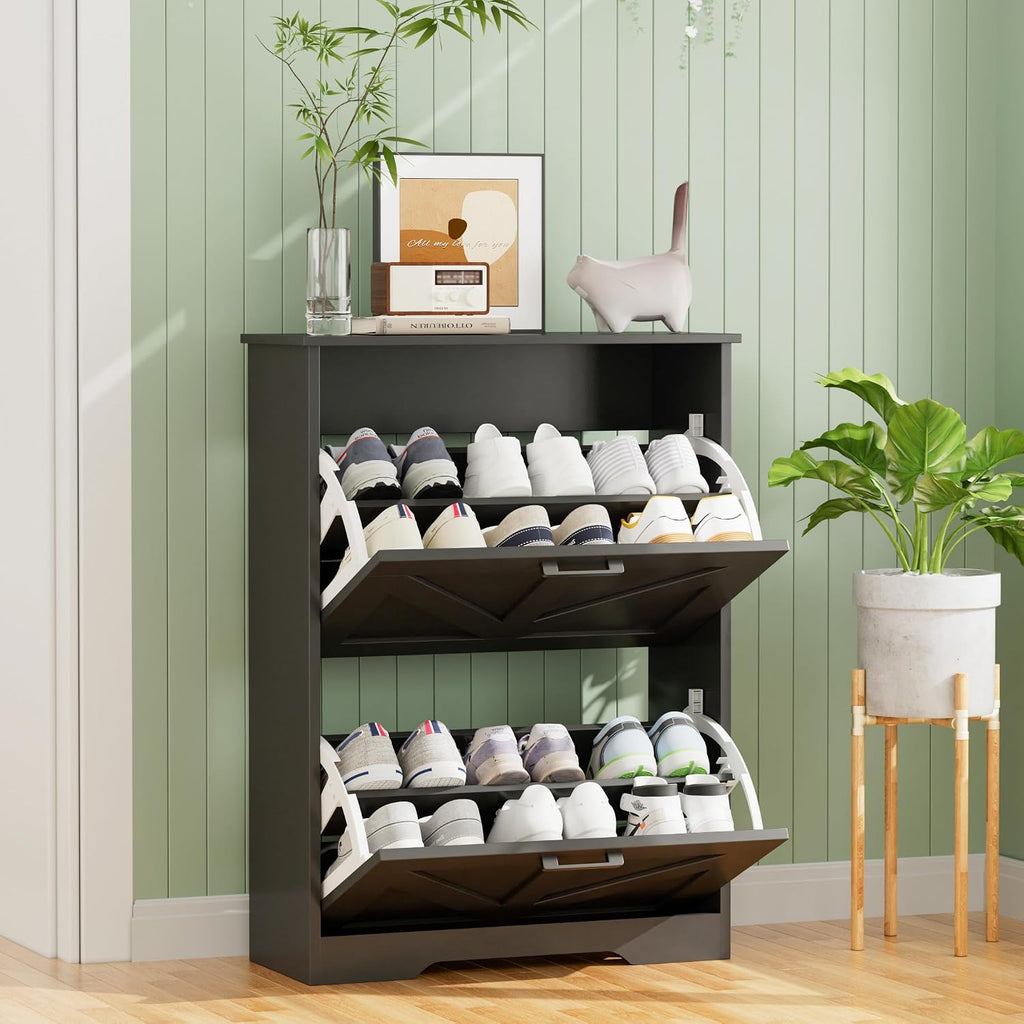 Farmhouse Shoe Cabinet with 2 Barn-Style Flip Drawers, Narrow Shoe Storage Organizer with Top Display Shelf