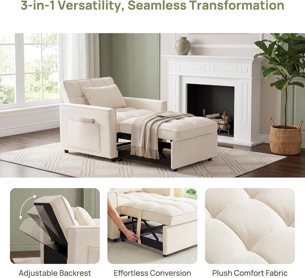 Sleeper Chair with Pull Out Bed, 3 In1 Convertible Couch Bed, White | Adjustable Backrest,Soft Cushioning,Handy Side