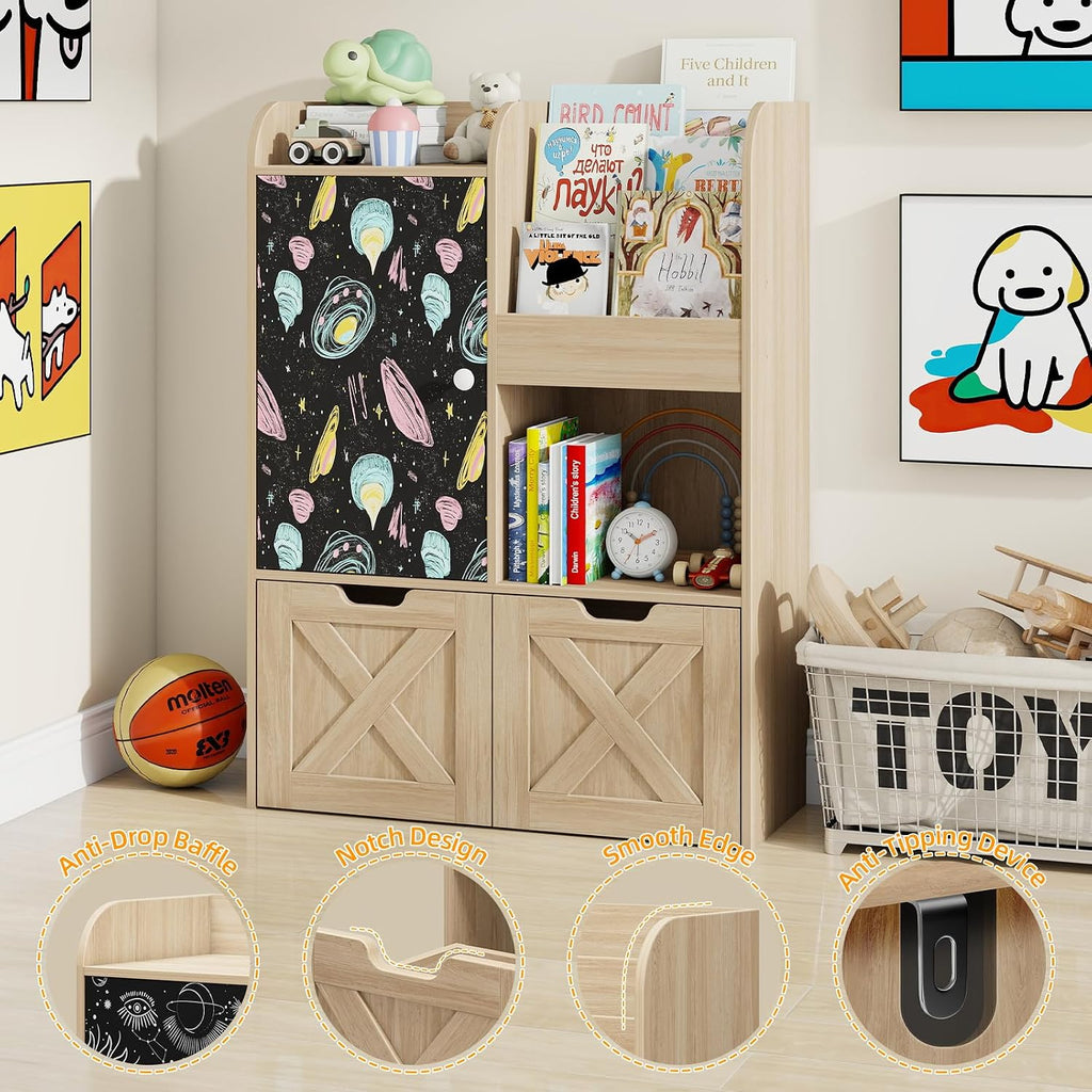 Kids Bookshelf with Reading Nook and Blackboard, 3-in-1 Toy Storage Organizer with 2 Movable Drawers, Wood Toy Chest
