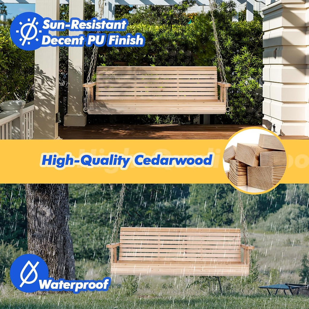 2026 Upgraded 5 FT Wooden Porch Swing, 880 LBS Heavy Duty, Natural | 2026 Upgraded Design; Heavy-Duty Wooden Swing;