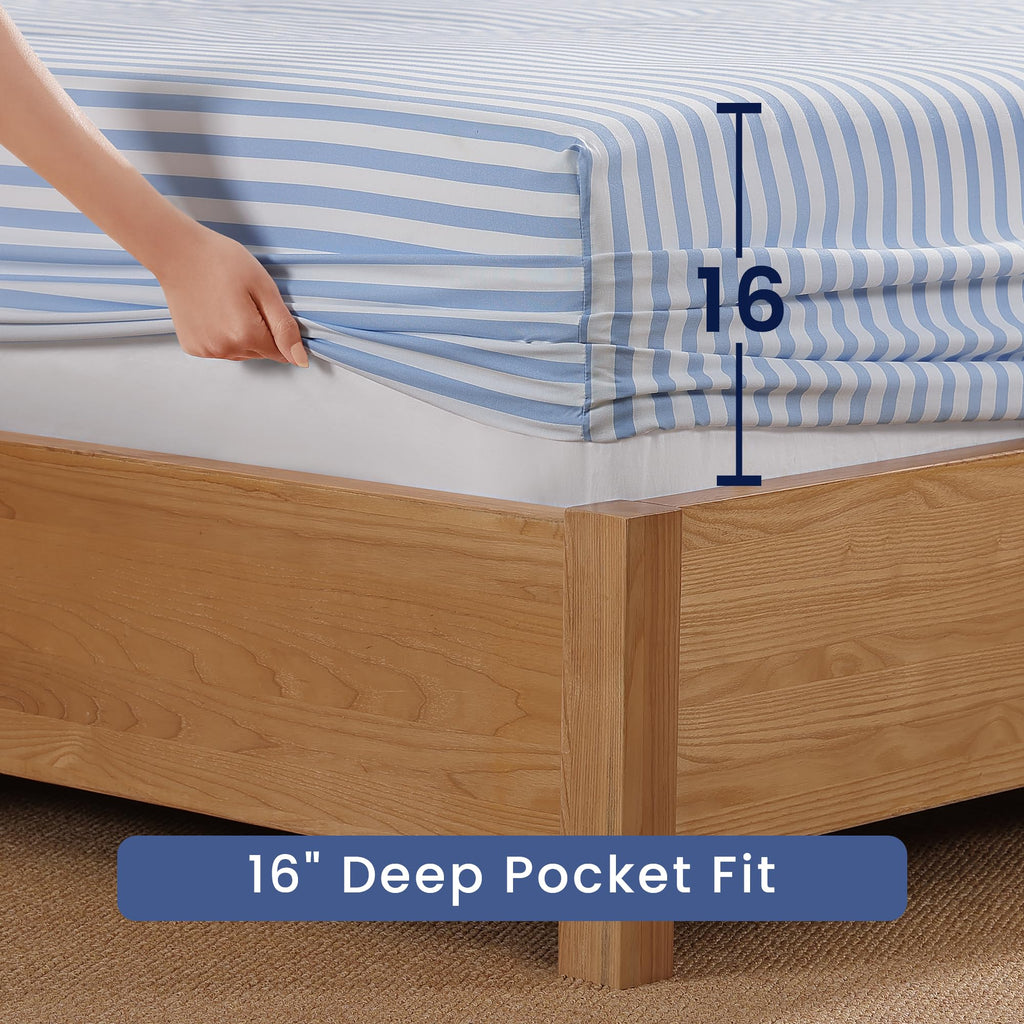 King Ruffle Sheet Set 4 Piece - Blue Stripe Soft Lightweight Microfiber Bedding with Deep Pocket, Breathable Ruffled