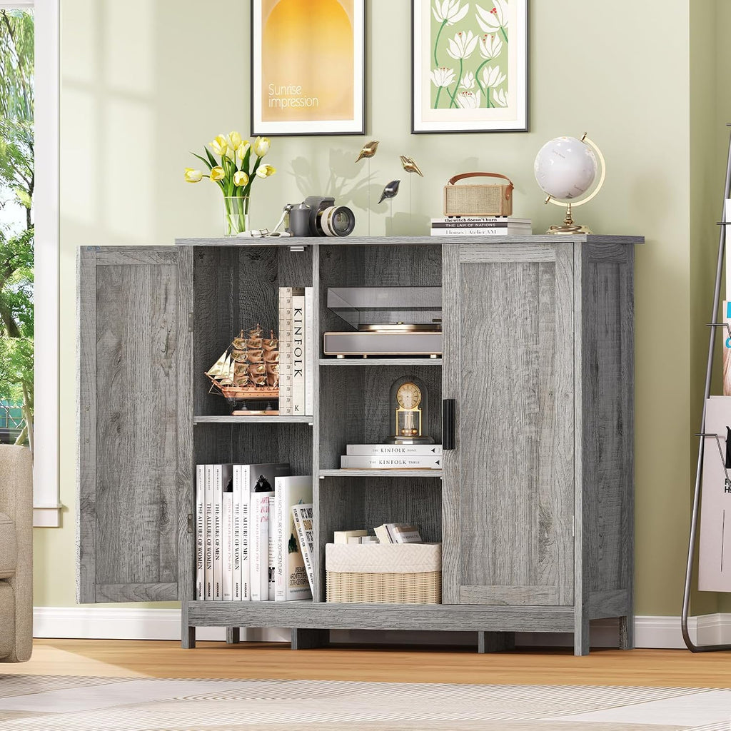 Storage Cabinet with 2 Doors and 4 Adjustable Shelves, Buffet Cabinet with Storage, Floor Cabinet , Rustic Gray