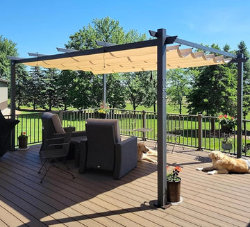12' X 16' Outdoor Pergola with Retractable Canopy Aluminum Shelter for Porch Garden Beach Sun Shade Pavilion Grape