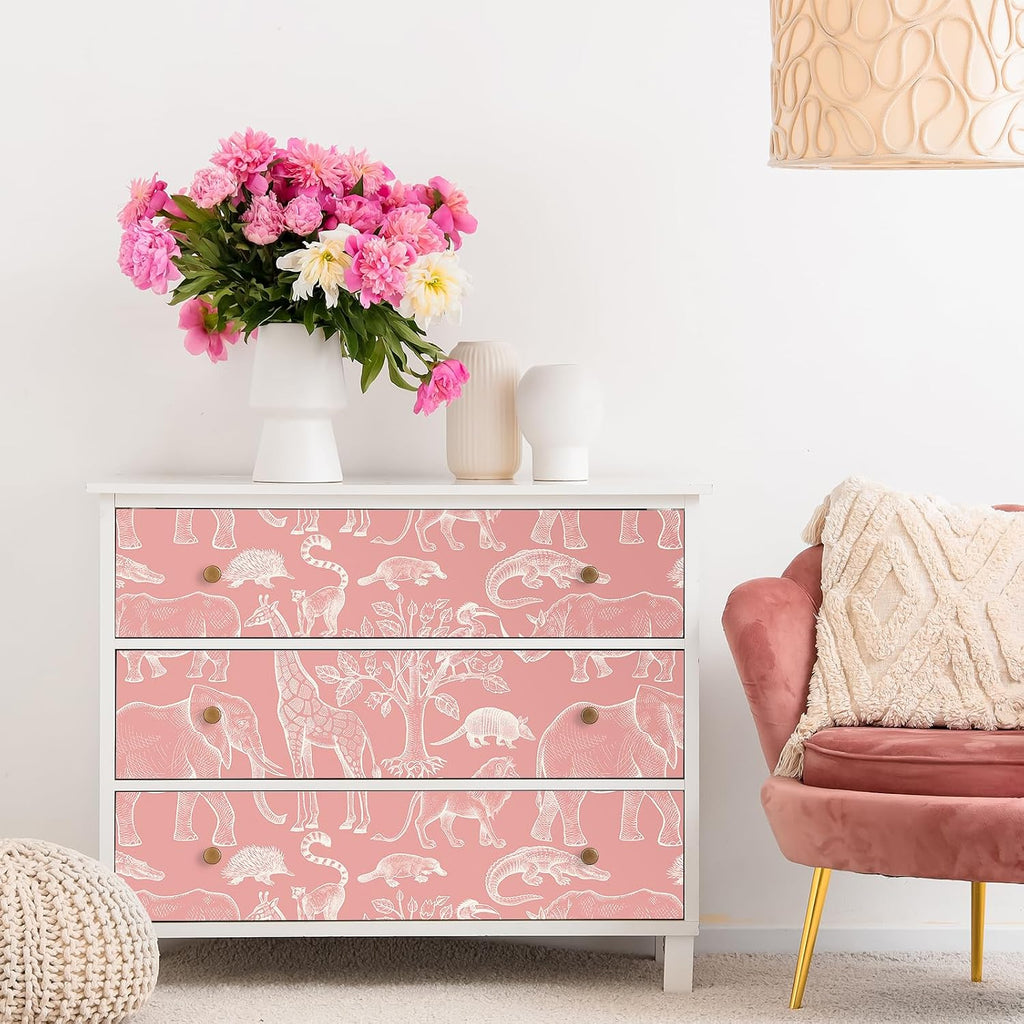 17.5x276 Cute Pink Peel and Stick Wallpaper Giraffe Bird Tree Elephant Animal Wall Paper Mural Girly Pink Contact