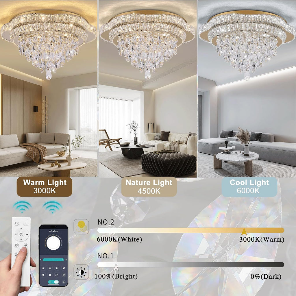 24 inch Crystal Chandeliers With Remote and APP Control, Modern Luxury Flush Mount Gold Ceiling Light, 3CCT Dimmable