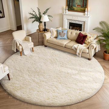 Round Rugs 8Ft Ivory Circle Area Rug Washable, Large Living Room Aesthetic Decor, Fluffy Fuzzy Bedroom Big - Set of 99
