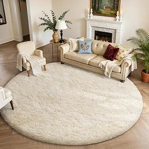 Round Rugs 8Ft Ivory Circle Area Rug Washable, Large Living Room Aesthetic Decor, Fluffy Fuzzy Bedroom Big - Set of 99