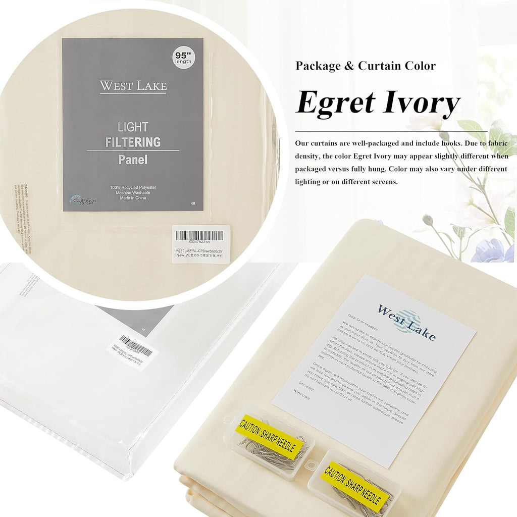 Cream Pinch Pleat Sheer Window Curtains, Egret Ivory Soft Farmhouse Drapes for Bedroom Living Room
