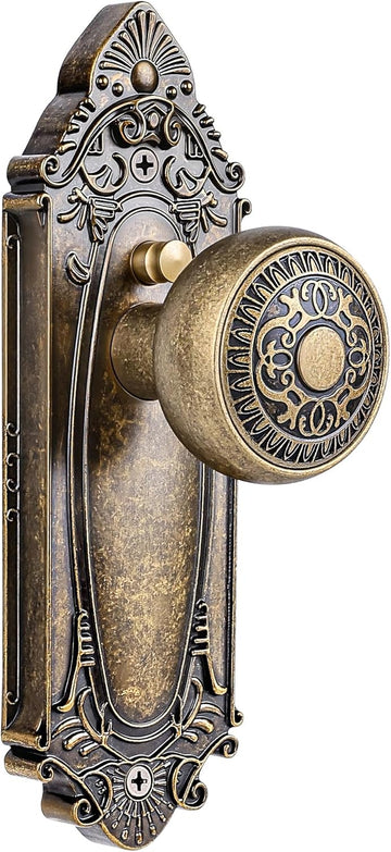 Antique Brass Door Knob Privacy Bedroom Bathroom with Lock, Vintage Interior Door Handle with Plate