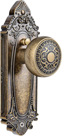 Antique Brass Door Knob Privacy Bedroom Bathroom with Lock, Vintage Interior Door Handle with Plate