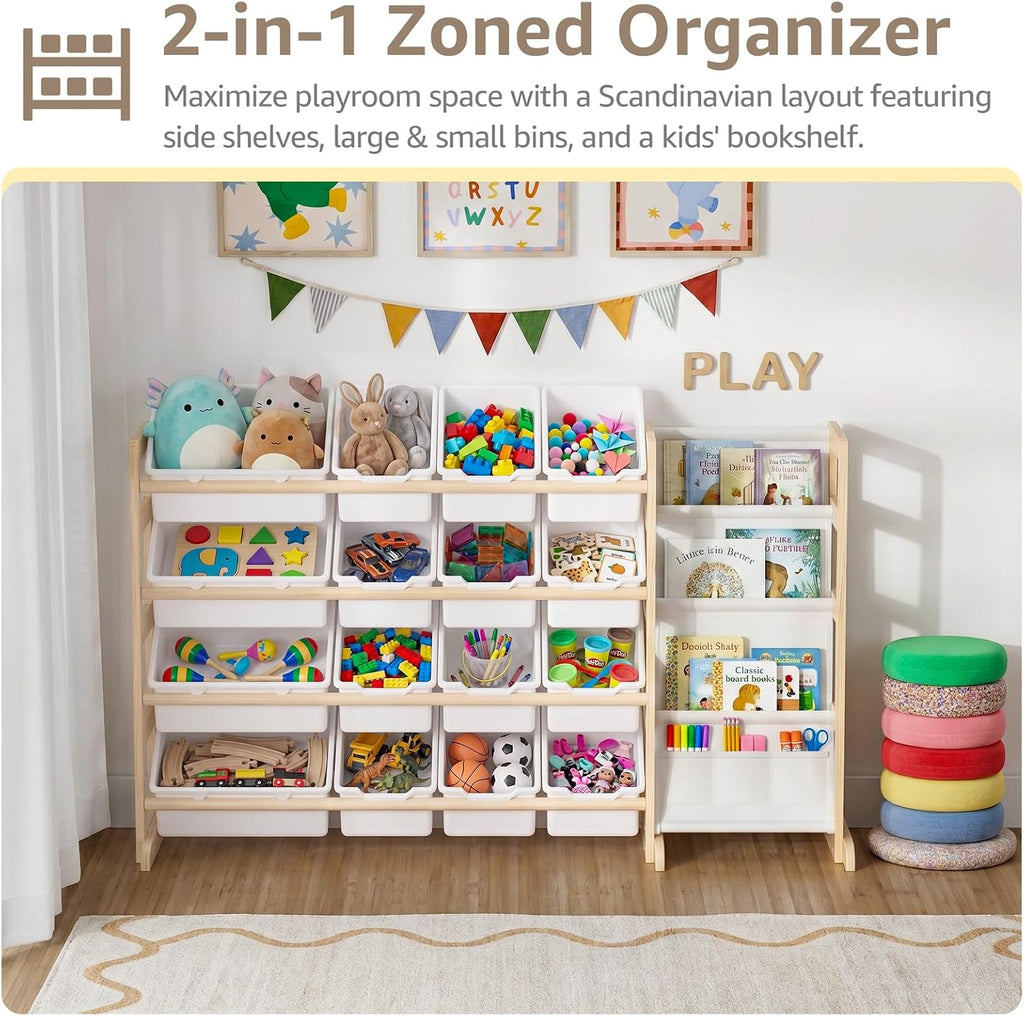Toy Storage Organizer with Bookshelf - Wooden 12 Bins Kids Toy Organizer Rack, Solid Pine Wood, Toys Box for Toddler