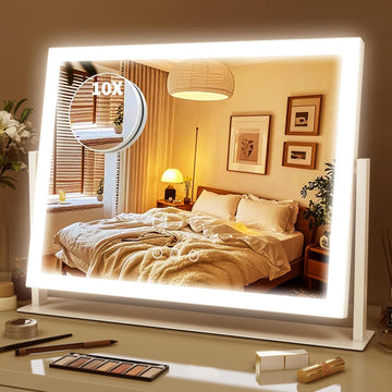 Lighted Makeup Mirror 16.3"x12.6", Hollywood Vanity Mirror with 10X Magnifier, 3 Color LED Lighting Modes, Smart Touch