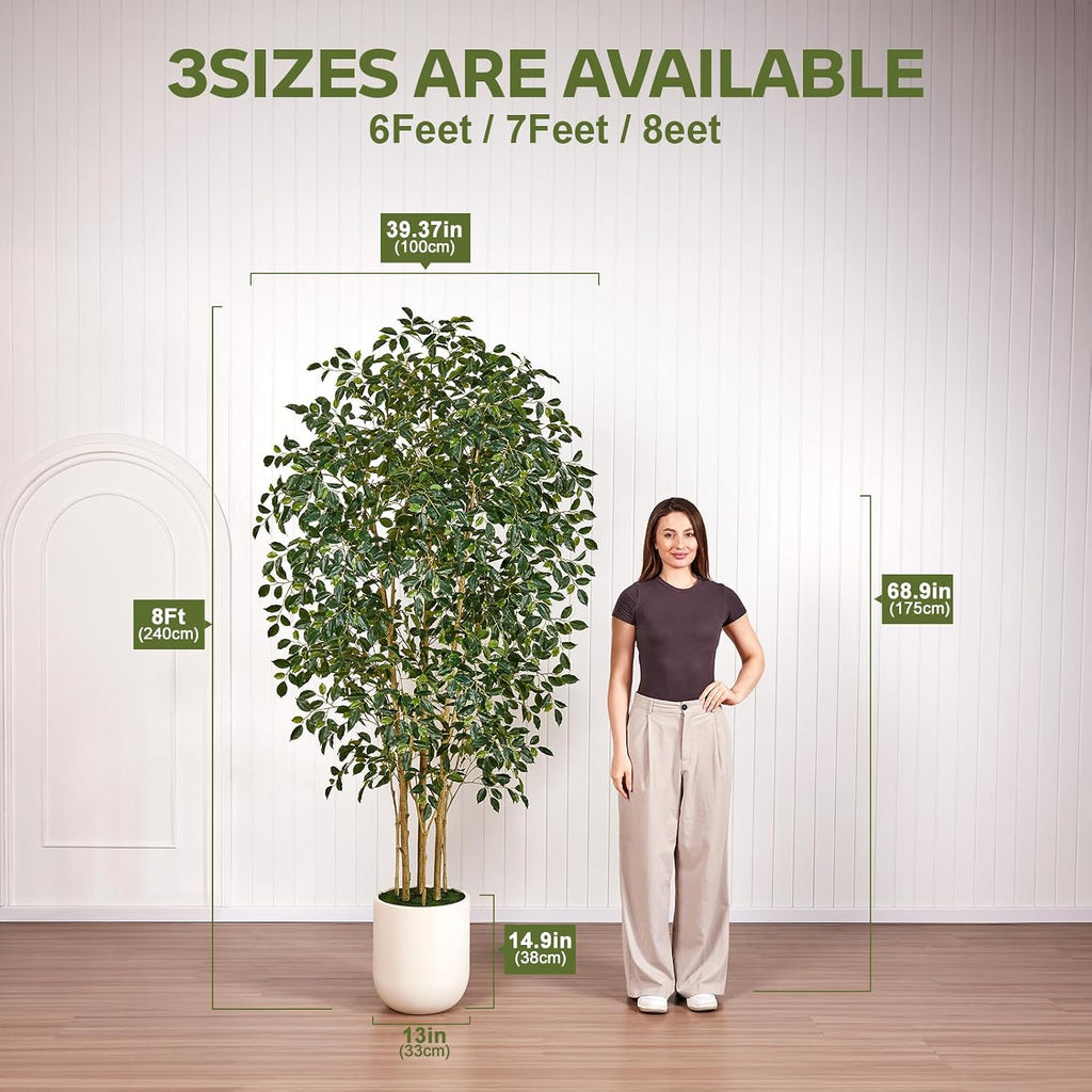 8FT Artificial Ficus Tree Faux Plants Indoor with White Planter