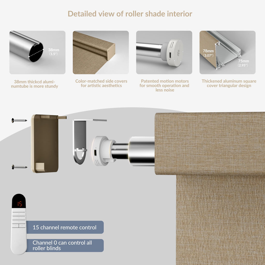 Motorized Roller Blinds with Remote Control, Light Filtering Linen Fabric Automatic Roller Shades for Windows