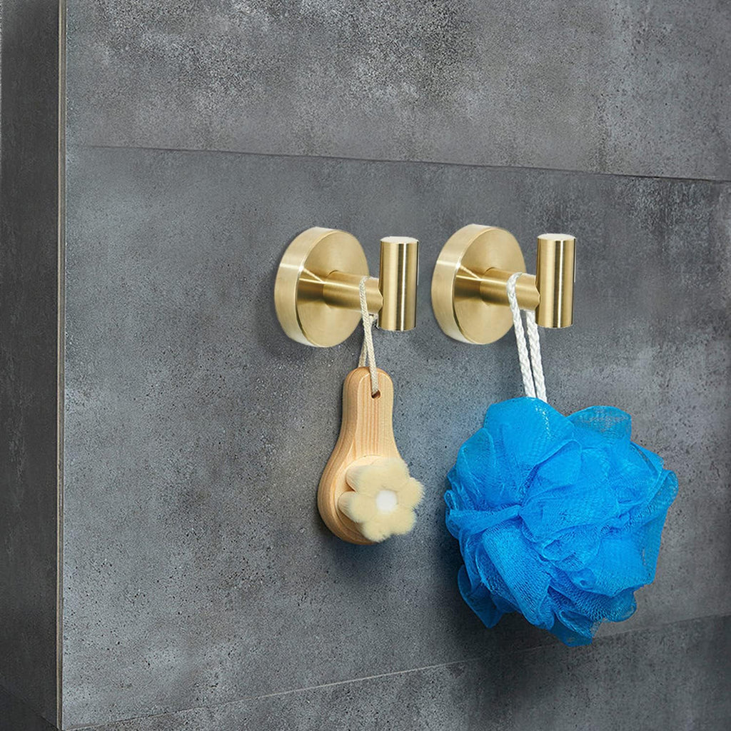 Gold Bathroom Hardware Set, Brushed Gold Toilet Paper Holder Towel Ring 2 Robe Hooks Wall Mount Hand Towel Holder