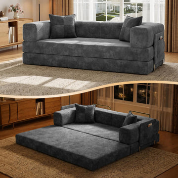 79" Convertible Sofa Bed, Boneless Couch . | Velour Futon Sofa Bed, Folding Sleeper Couch with Storage Pocket and 2