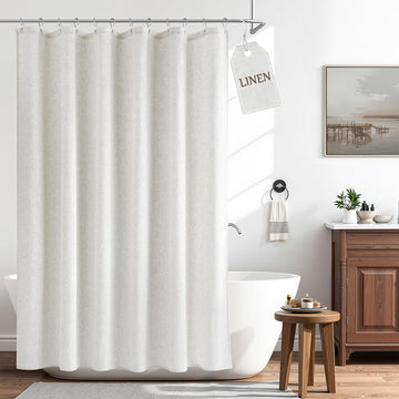 Linen Shower Curtain 72 Inches Long 1 Panel White | Shower Curtains with Hook, Waterproof Cloth, Boho Farmhouse