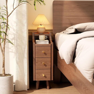 Solid Wood Narrow Nightstand with Drawers,Walnut Nightstand Wood Bedside Table Modern ,Study,Toilet