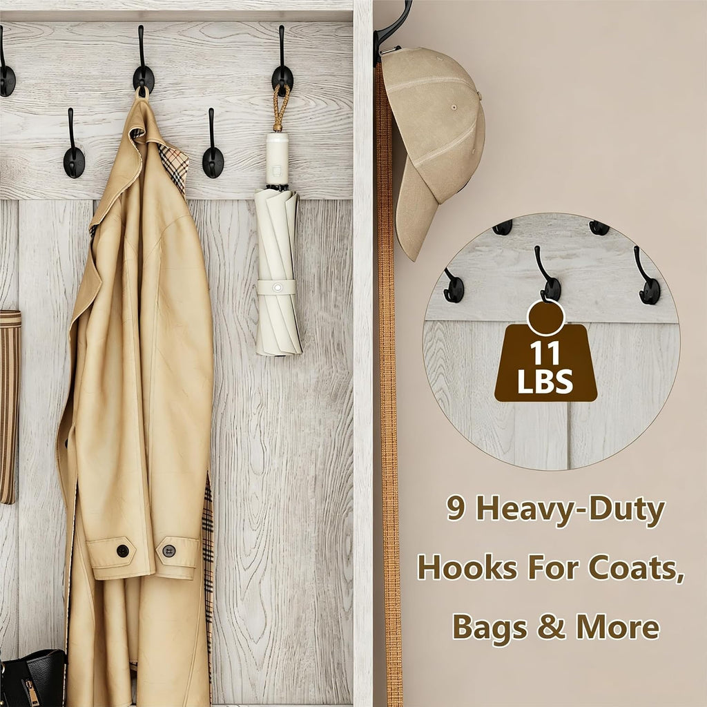 5-in-1 Hall Tree with Bench and Shoe Storage, 51" W Entryway Organizer Coat Rack with 9 Hooks, 2 Storage Cabinets