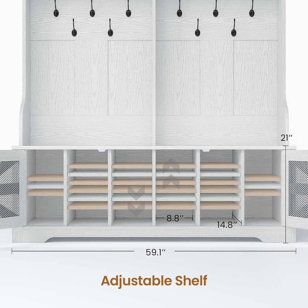 Hall Tree with Bench and Shoe Storage, 5-in-1 Entryway Bench with Coat Rack, 16 Shoe Cubbies & 12 Coat Hooks, Barn
